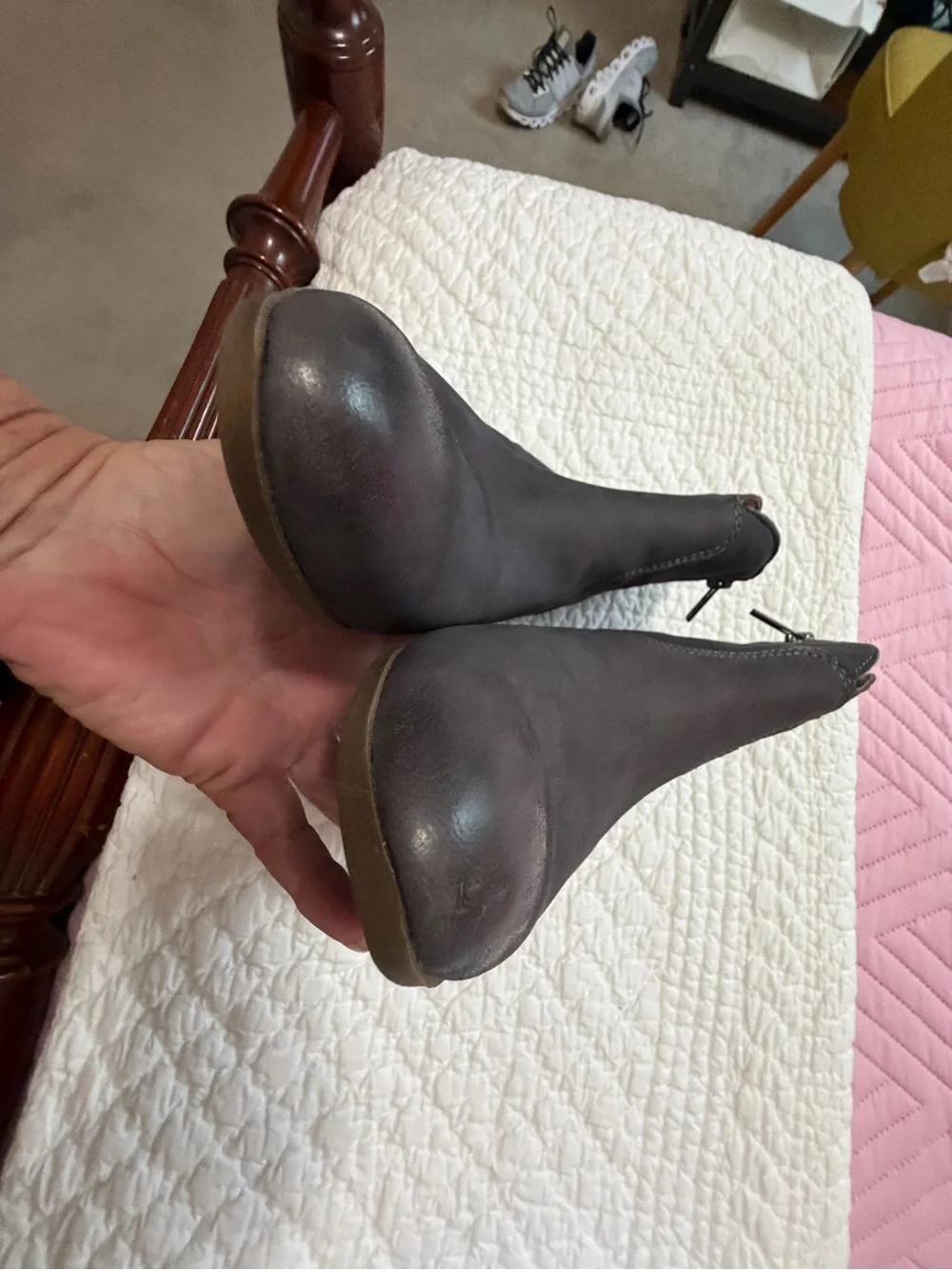 Frye Dark Gray Leather Ankle Booties with Stacked Heel